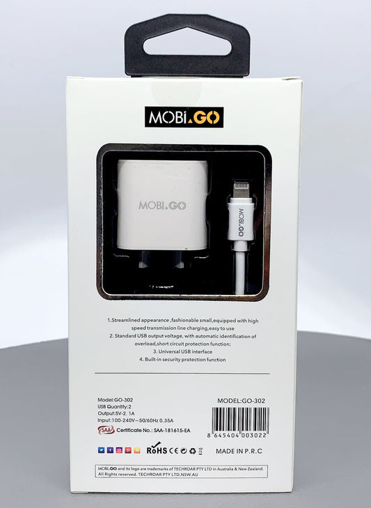 Mobigo dual USB fast home charger with lightning cable